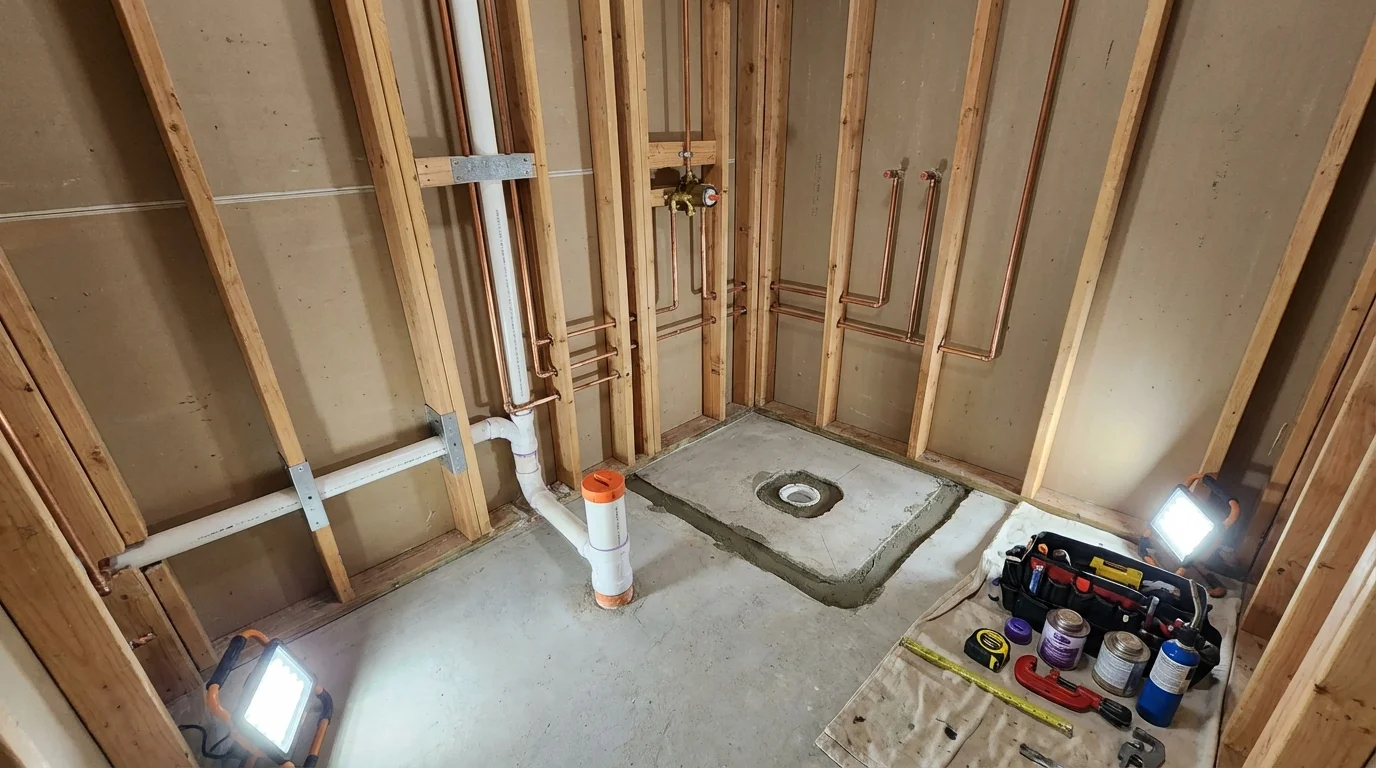 Bathroom rough-in plumbing during remodel by Johns Plumbing LLC in Bryan