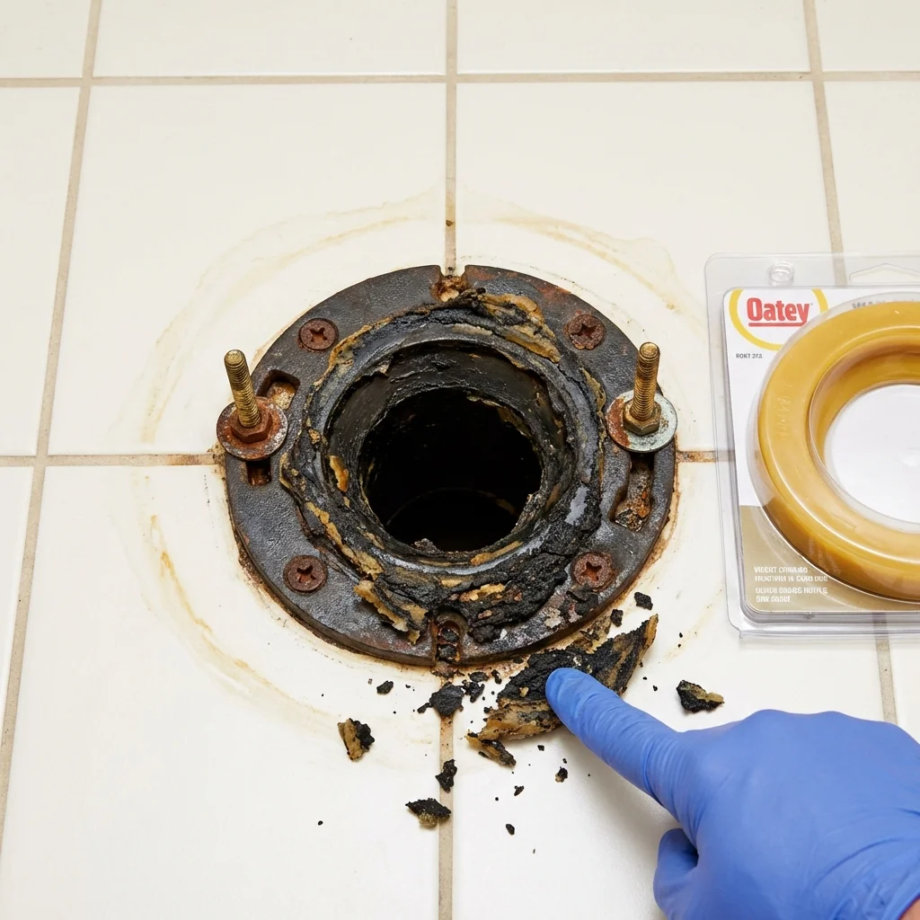 Failed wax ring showing water seepage at the base of a toilet in a Bryan, OH home