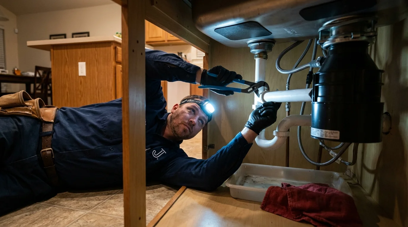 P-trap and supply line connections under a kitchen sink showing a common leak point in Bryan, OH